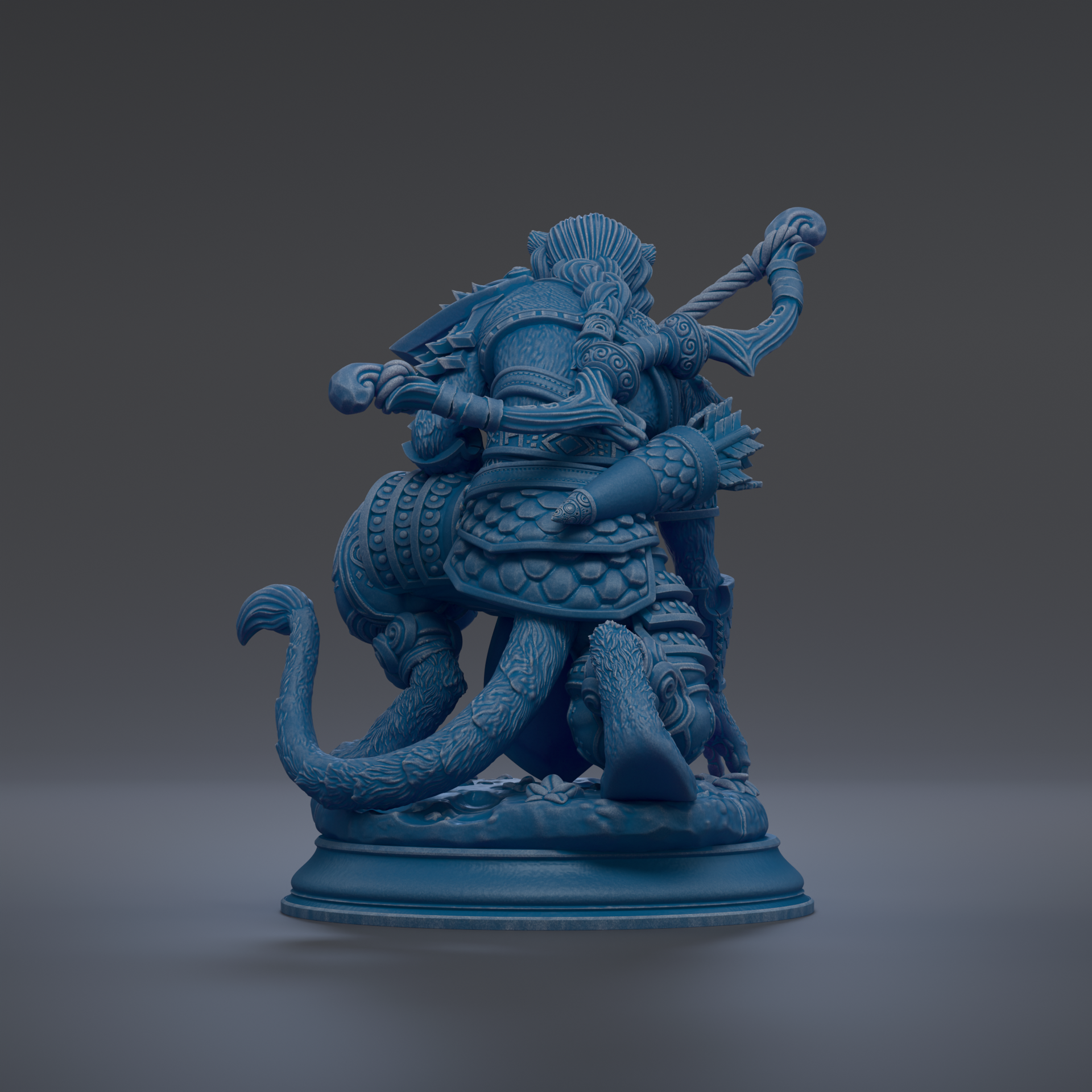 A 3D rendering of a blue, fantastical creature with intricate, detailed armor and a large headdress, standing on a pedestal.