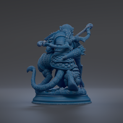 A 3D rendering of a blue, fantastical creature with intricate, detailed armor and a large headdress, standing on a pedestal.