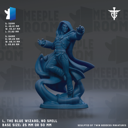 a blue wizard statue with a robe and a staff, standing on a pedestal. The statue is described as a "Blue Wizard" and "No Spell" with a base size of 25mm or 50mm.