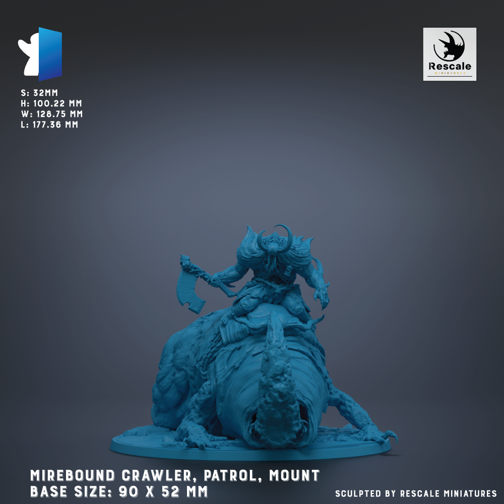 The image is a detailed miniature of a Mirebound Crawler, a type of fantasy creature, with a person riding on its back. The base size is 90 x 52 mm, and the mount is 92 x 72 mm. The sculpture is created by Rescale miniatures.