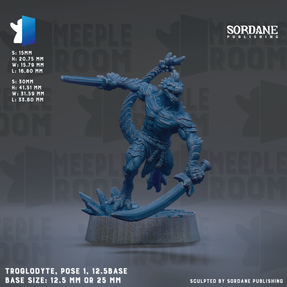 a blue figurine of a warrior-like creature, possibly a dragon or serpent, posed in a dynamic fighting stance with a sword in hand. The figurine is set against a dark background with repeated text and logos, including the words "MEIPLLE ROOM" and "SORDANE PUBLISHING". The image also includes the text "TROLGODYTE, pose 1, 12.5BASE BASE SIZE: 12.5 mm OR 25 mm".