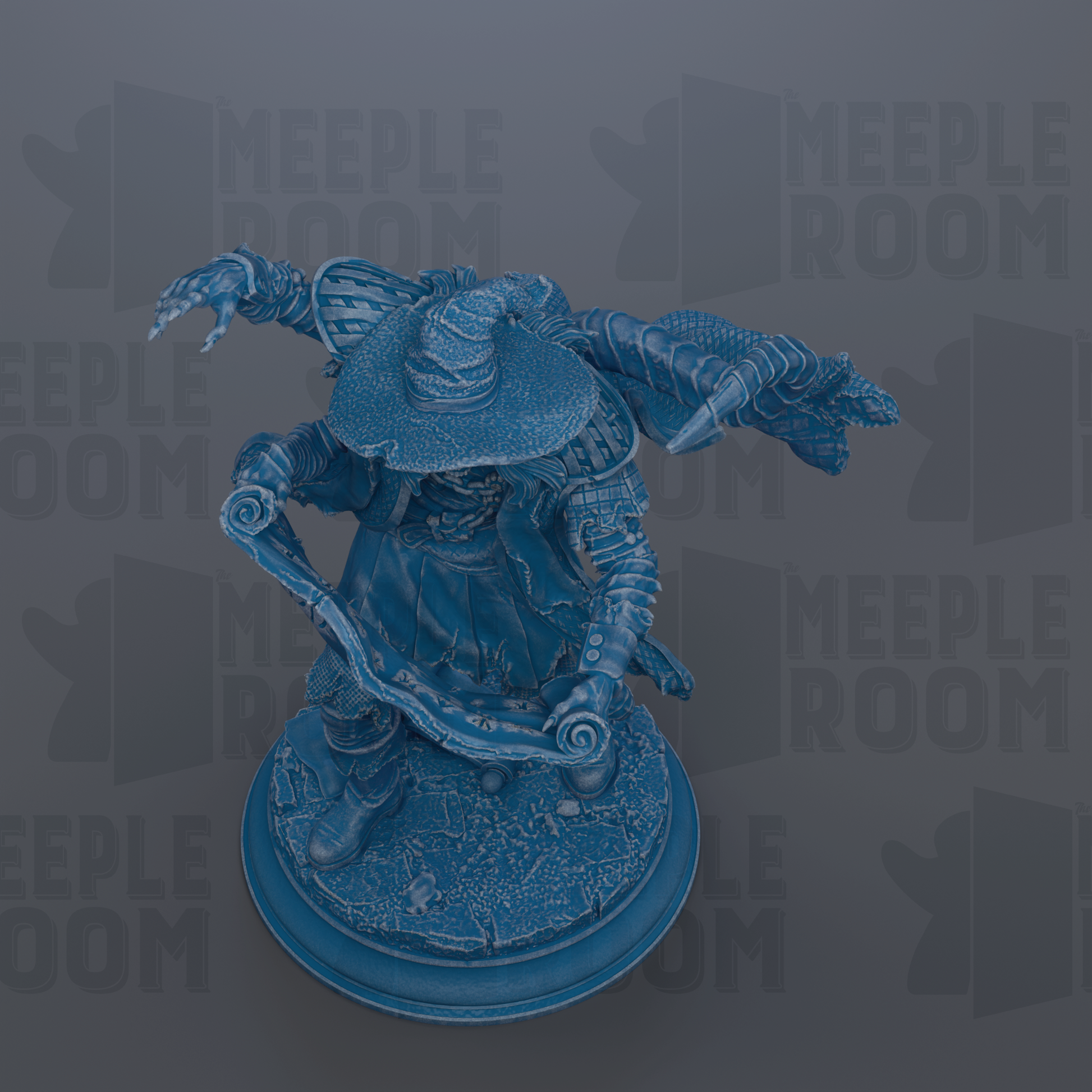 A blue, 3D-rendered statue of a figure with a pointed hat and a sword, standing on a pedestal.