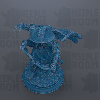 A blue, 3D-rendered statue of a figure with a pointed hat and a sword, standing on a pedestal.