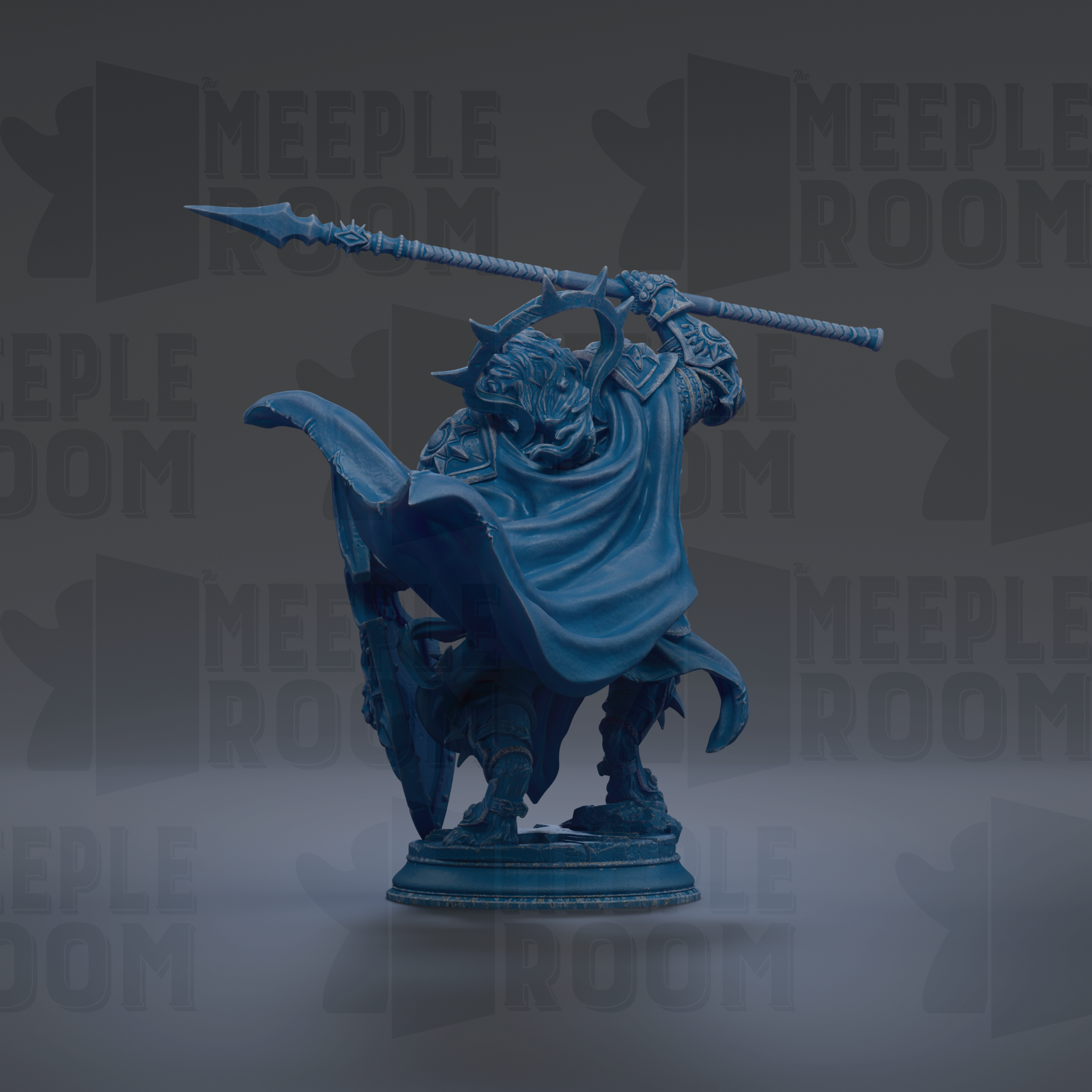 A blue statue of a warrior wielding a spear and shield, standing on a pedestal against a dark background with repeated text.