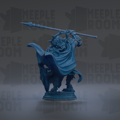 A blue statue of a warrior wielding a spear and shield, standing on a pedestal against a dark background with repeated text.