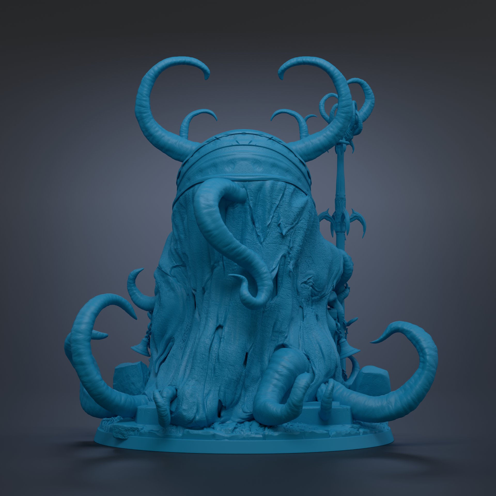 A blue, abstract sculpture with curved, organic shapes and a textured surface, resembling a creature or organic form.