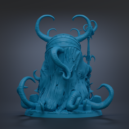 A blue, abstract sculpture with curved, organic shapes and a textured surface, resembling a creature or organic form.