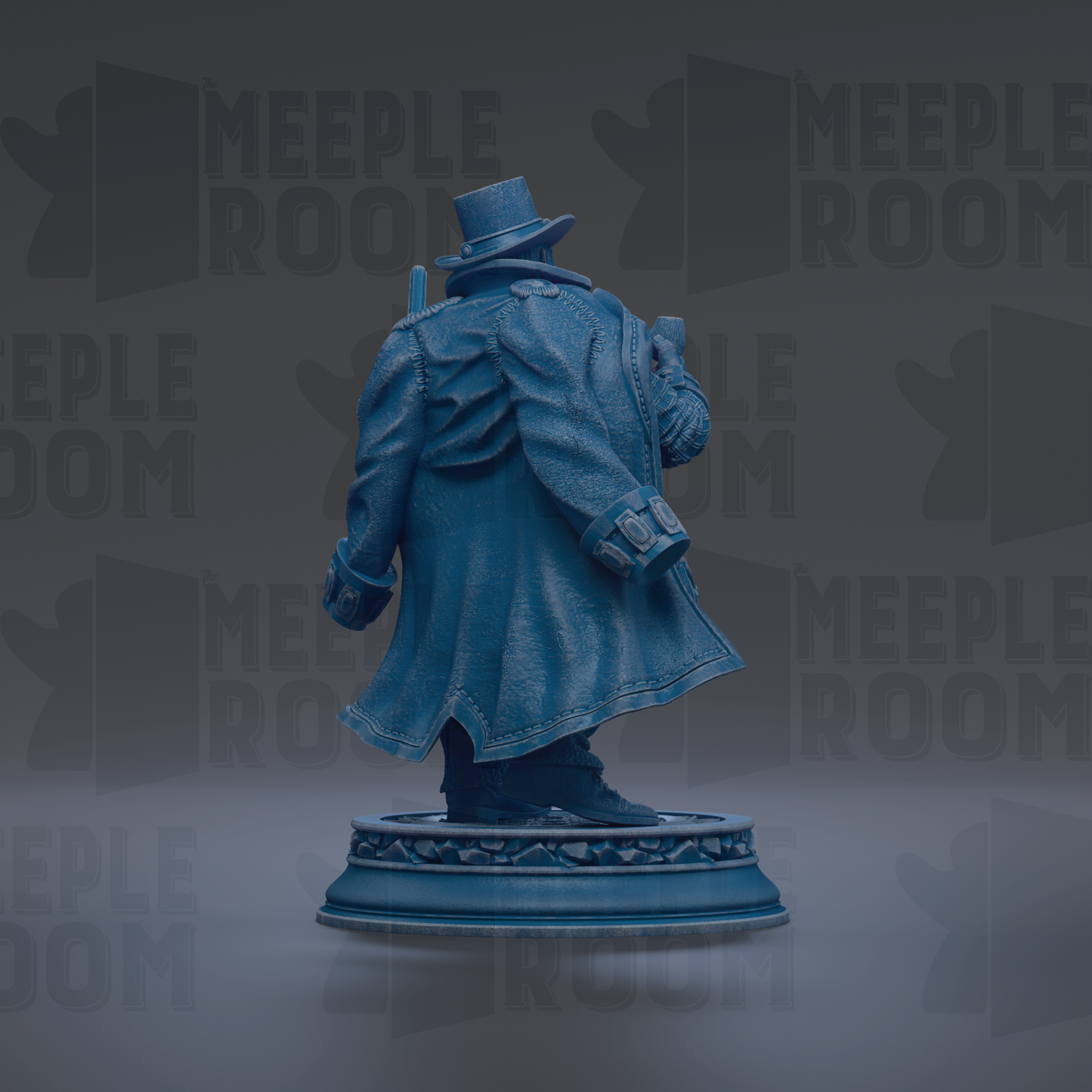 A blue statue of a person wearing a top hat and coat, standing on a pedestal.