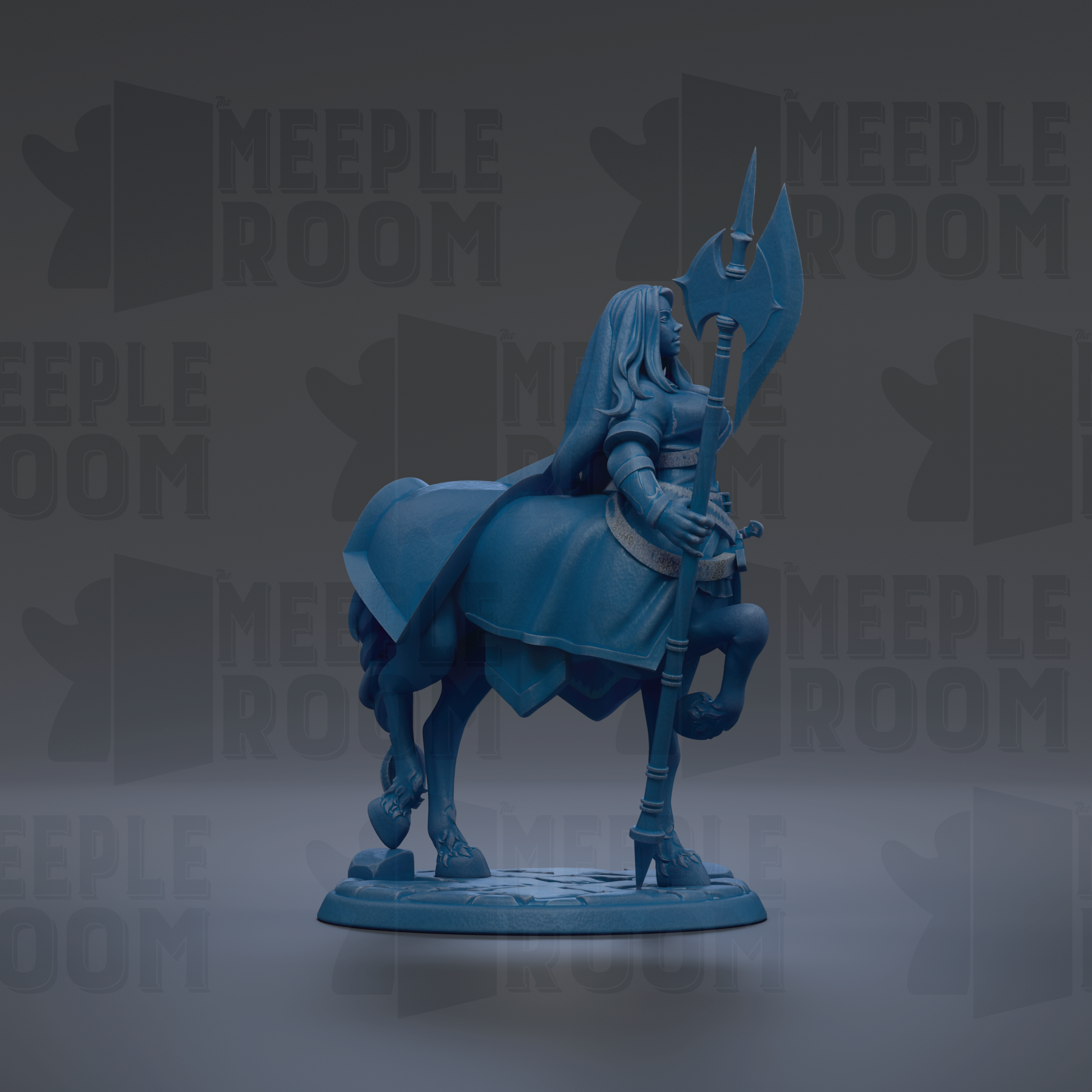 A blue statue of a woman on a horse, holding a large weapon, is the main focus of the image.