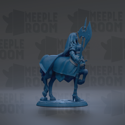 A blue statue of a woman on a horse, holding a large weapon, is the main focus of the image.