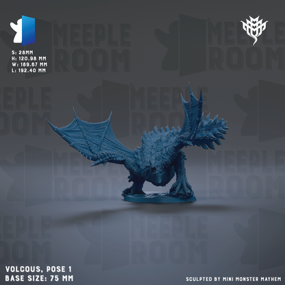 a blue dragon figurine with wings spread, standing on a base. The dragon is the main subject of the image, and it is described as a "Volcous, pose 1" with a base size of "75 mm".