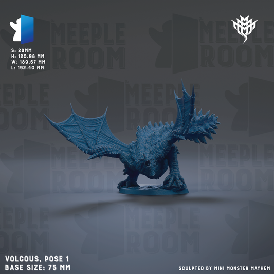 a blue dragon figurine with wings spread, standing on a base. The dragon is the main subject of the image, and it is described as a "Volcous, pose 1" with a base size of "75 mm".