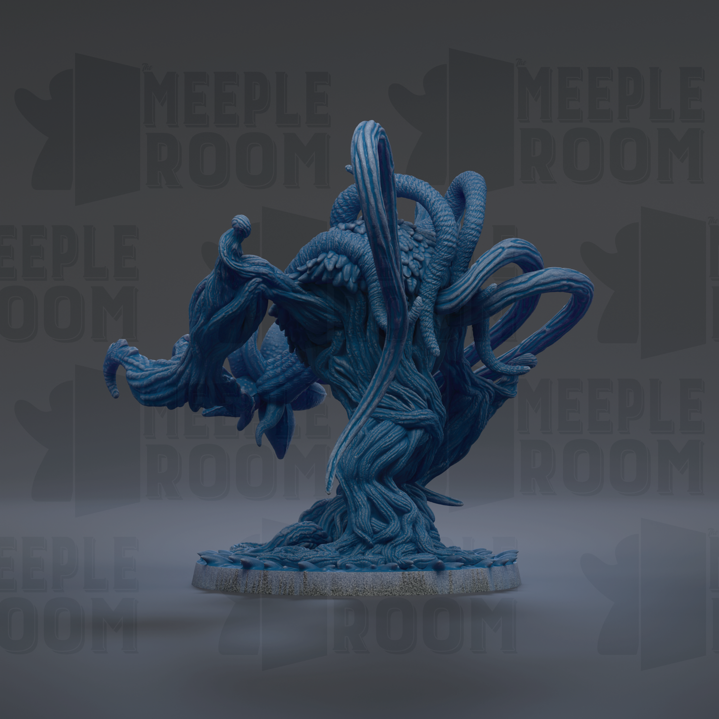 a large, intricate blue sculpture with a complex, organic shape that resembles a tree or plant. The sculpture has multiple arms and tentacles extending from its base, creating a sense of movement and dynamism. The background is dark, which contrasts with the vibrant blue of the sculpture and makes it stand out prominently.