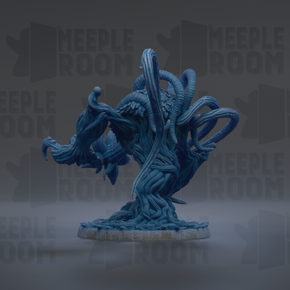 a large, intricate blue sculpture with a complex, organic shape that resembles a tree or plant. The sculpture has multiple arms and tentacles extending from its base, creating a sense of movement and dynamism. The background is dark, which contrasts with the vibrant blue of the sculpture and makes it stand out prominently.