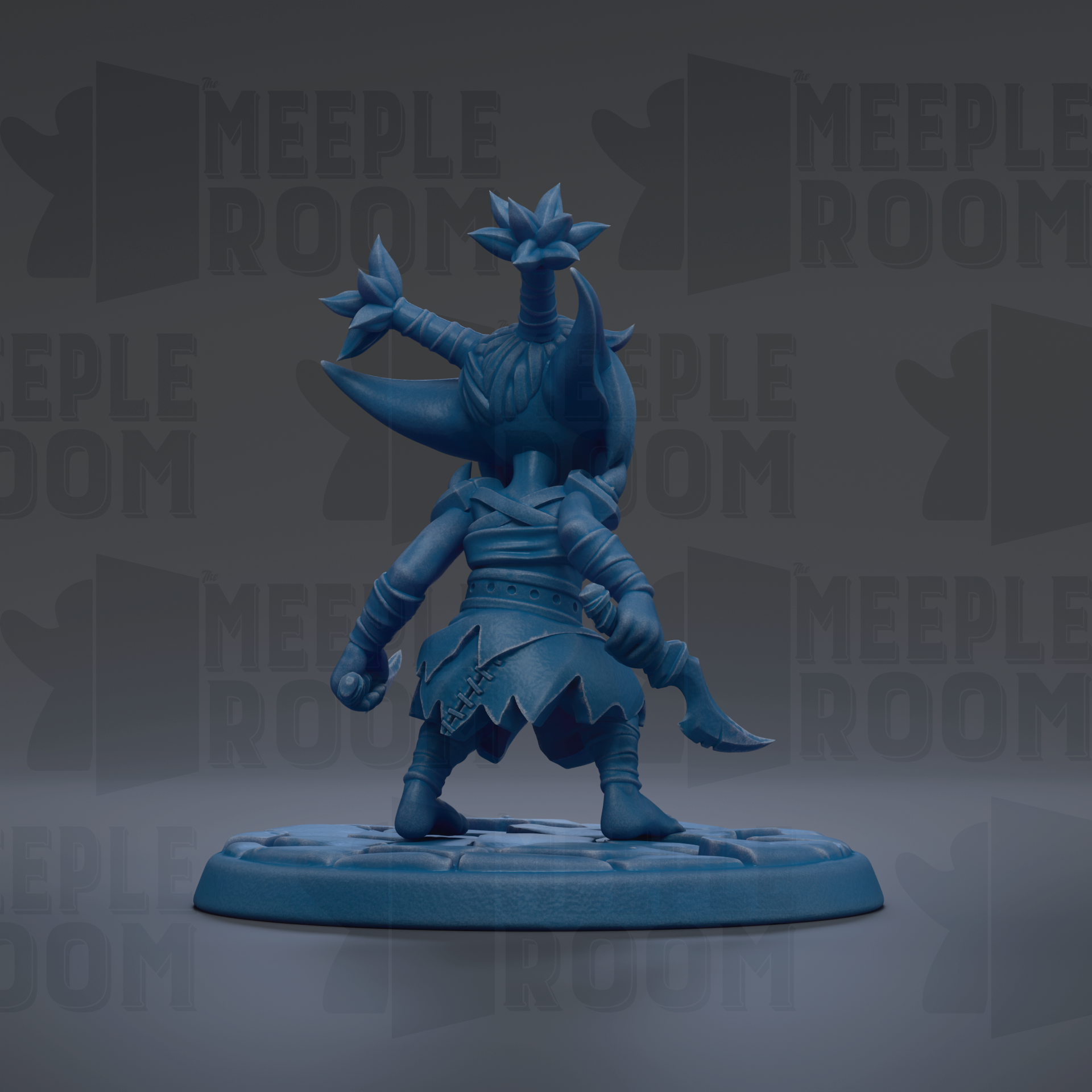 A blue figurine of a character with a pointed hat and a sword, standing on a platform against a dark background with repeated text.