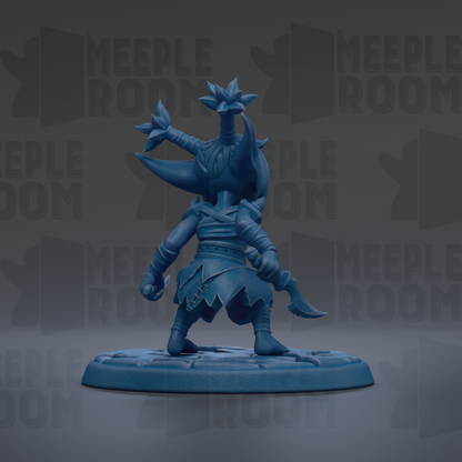 A blue figurine of a character with a pointed hat and a sword, standing on a platform against a dark background with repeated text.