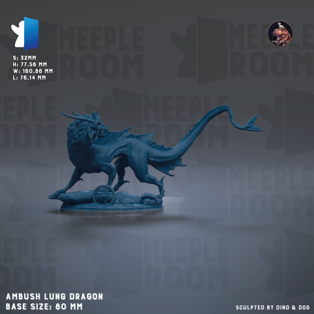 The image is a photograph of a blue dragon statue, specifically an Ambush Lung Dragon, with a base size of 60 millimeters.