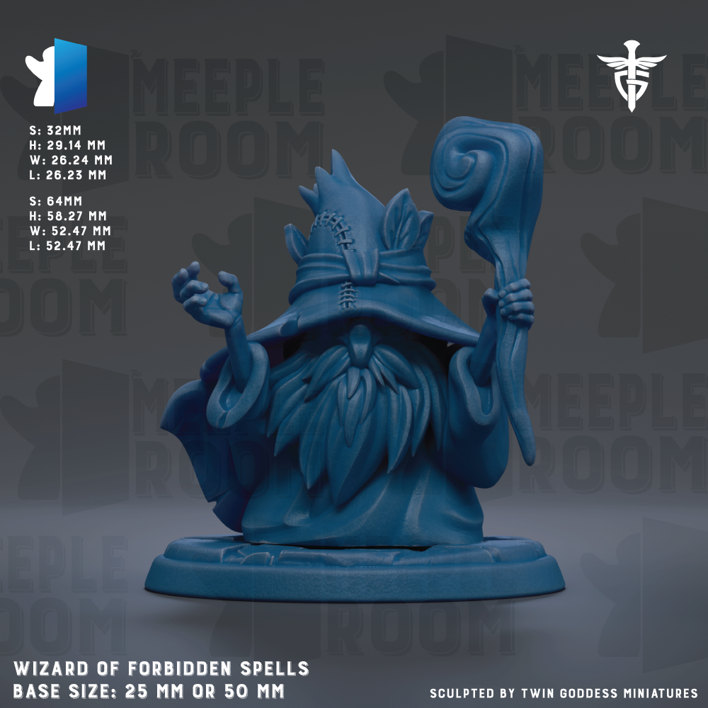 A 3D model of a wizard statue, with a detailed and intricate design. The statue is blue in color and appears to be made of a material that resembles metal or plastic. The background of the image is dark, which contrasts with the statue and makes it stand out. The image also includes some text that provides information about the statue, such as its base size and the sculpting by Twin Goddess Miniatures.