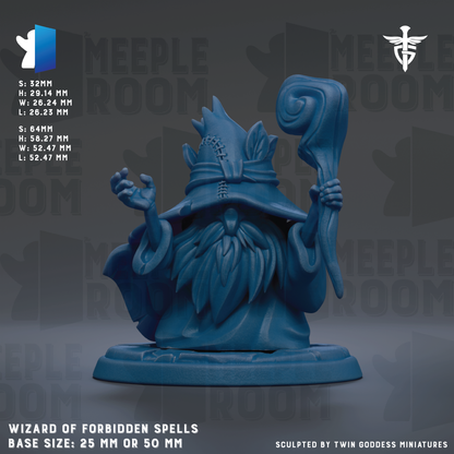 A 3D model of a wizard statue, with a detailed and intricate design. The statue is blue in color and appears to be made of a material that resembles metal or plastic. The background of the image is dark, which contrasts with the statue and makes it stand out. The image also includes some text that provides information about the statue, such as its base size and the sculpting by Twin Goddess Miniatures.