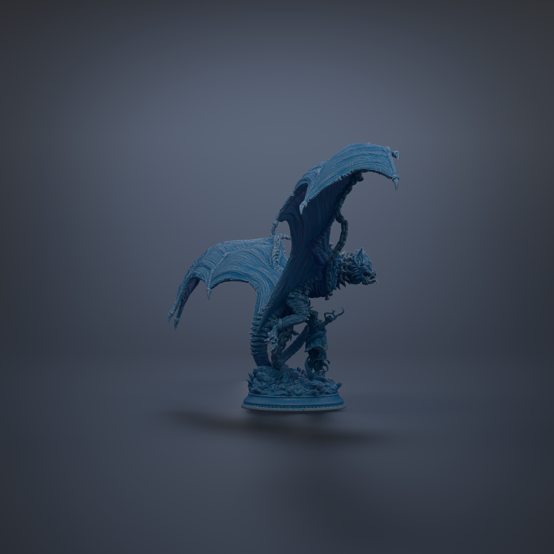 A blue dragon figurine with wings spread, standing on a base against a dark background.