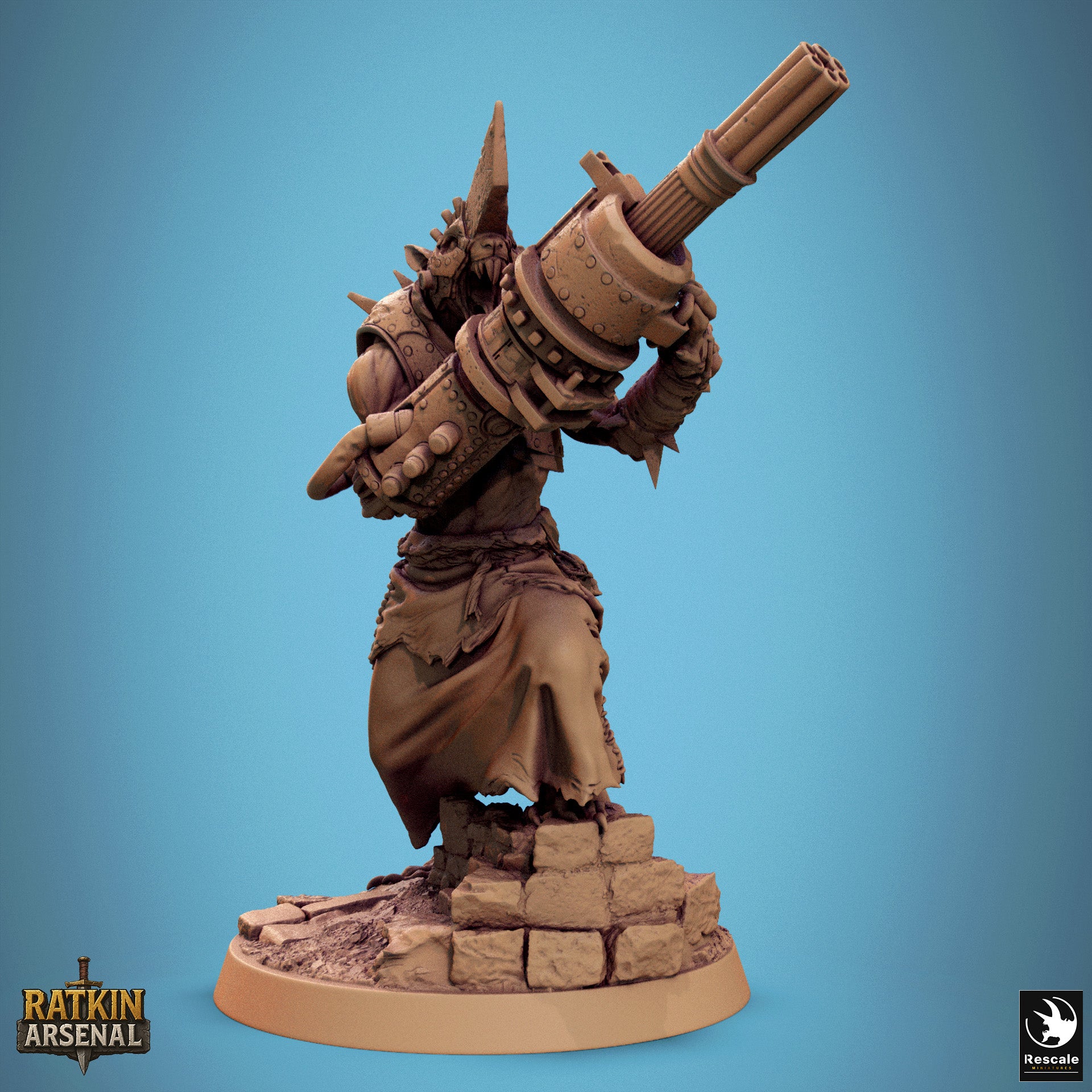 A 3D model of a character holding a large gun, standing on a base made of small rocks.
