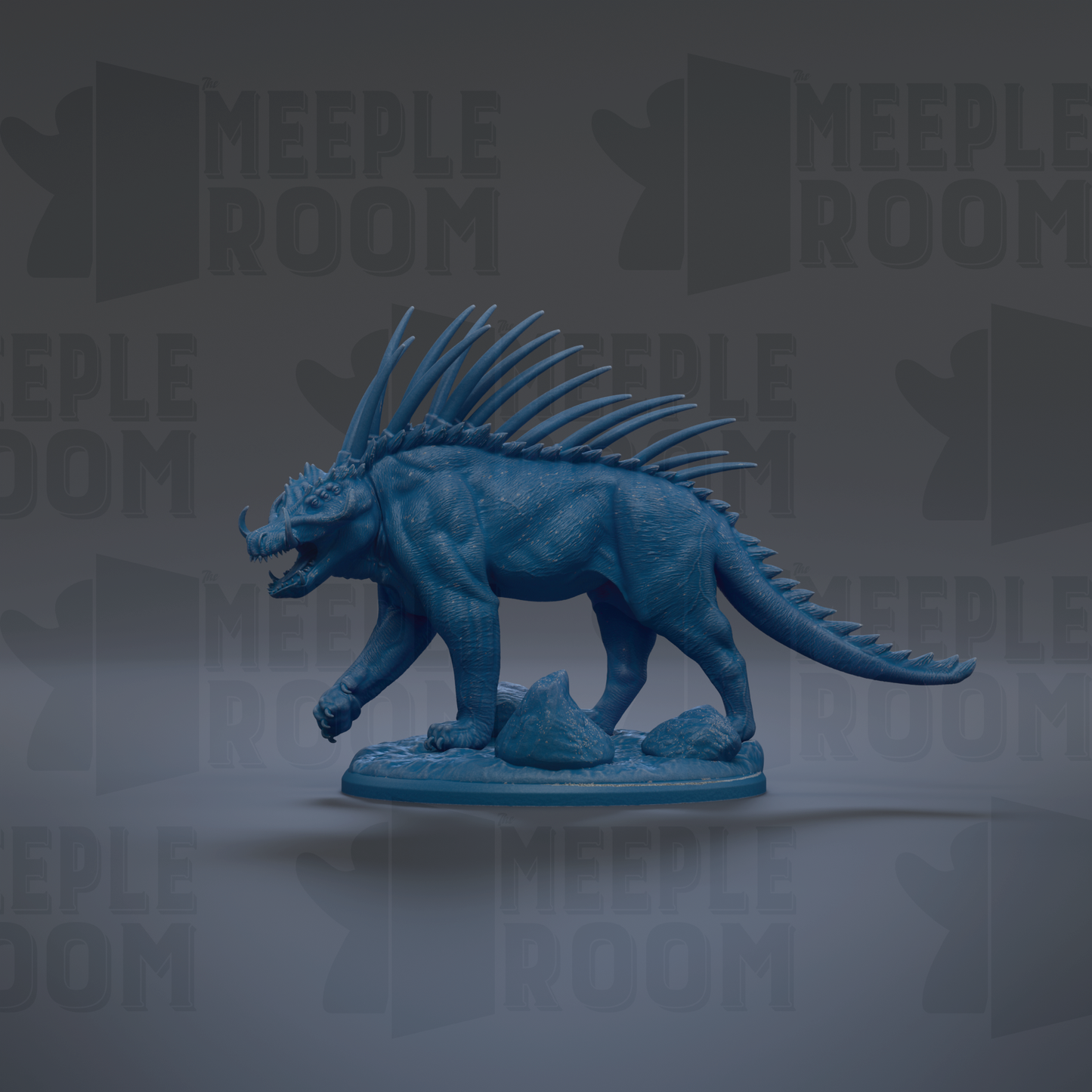 A blue, spiky toy resembling a mythical creature or monster, with sharp teeth and claws, is shown against a dark background with repeated text.