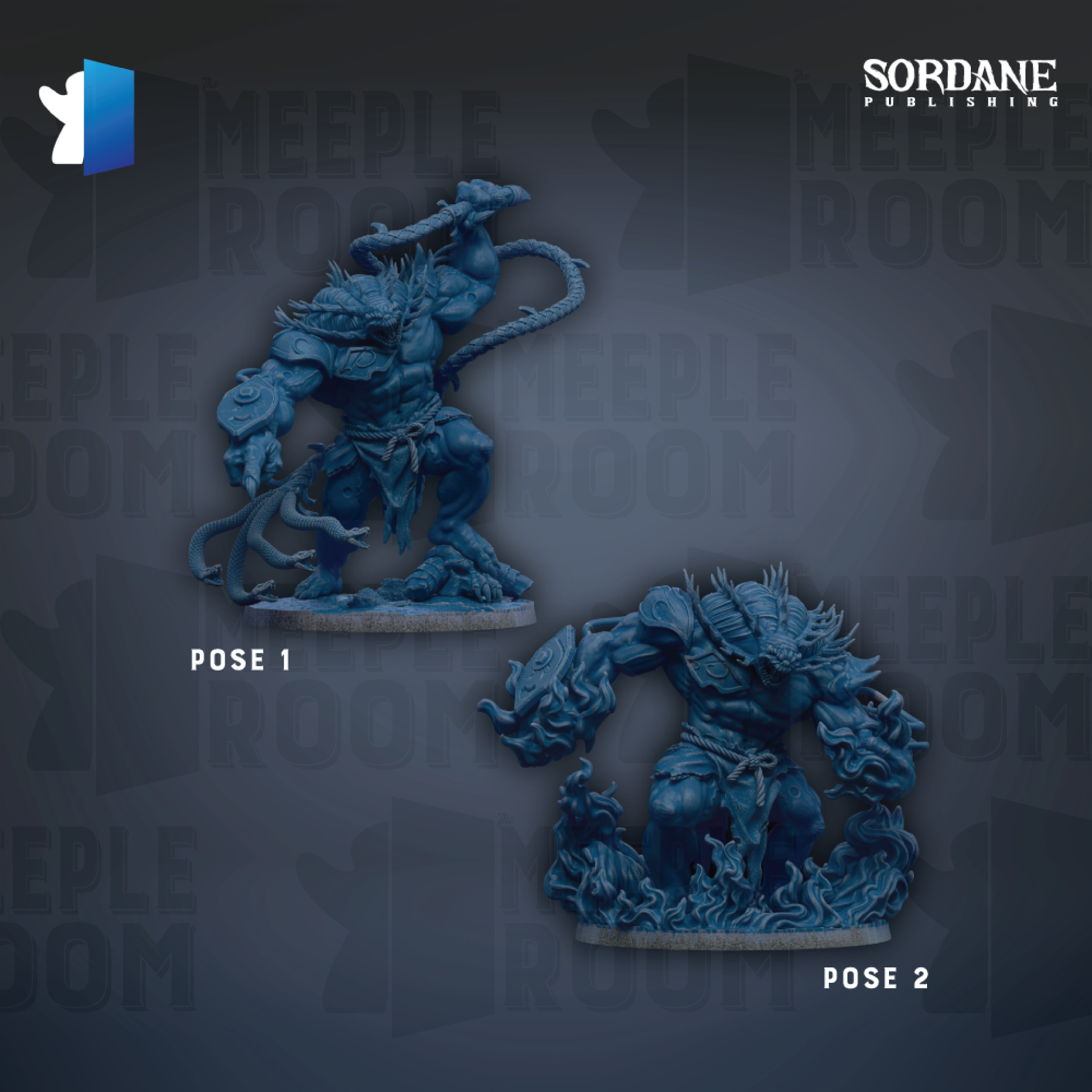 two blue figurines of fantastical creatures, each with a unique pose, set against a dark background with repeated text.