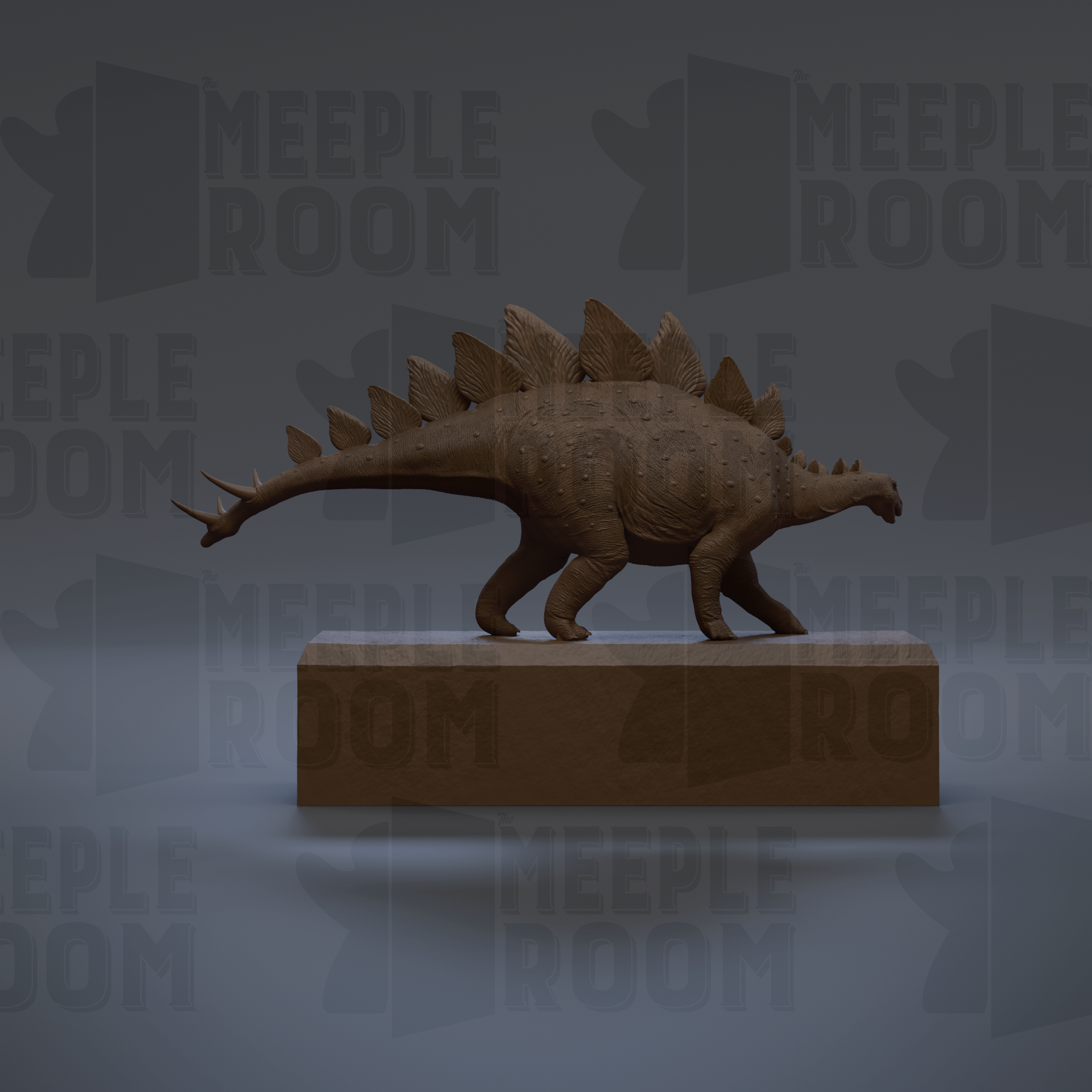 A 3D rendering of a dinosaur statue on a platform, with the text "MEEPLE ROOM" repeated in the background.