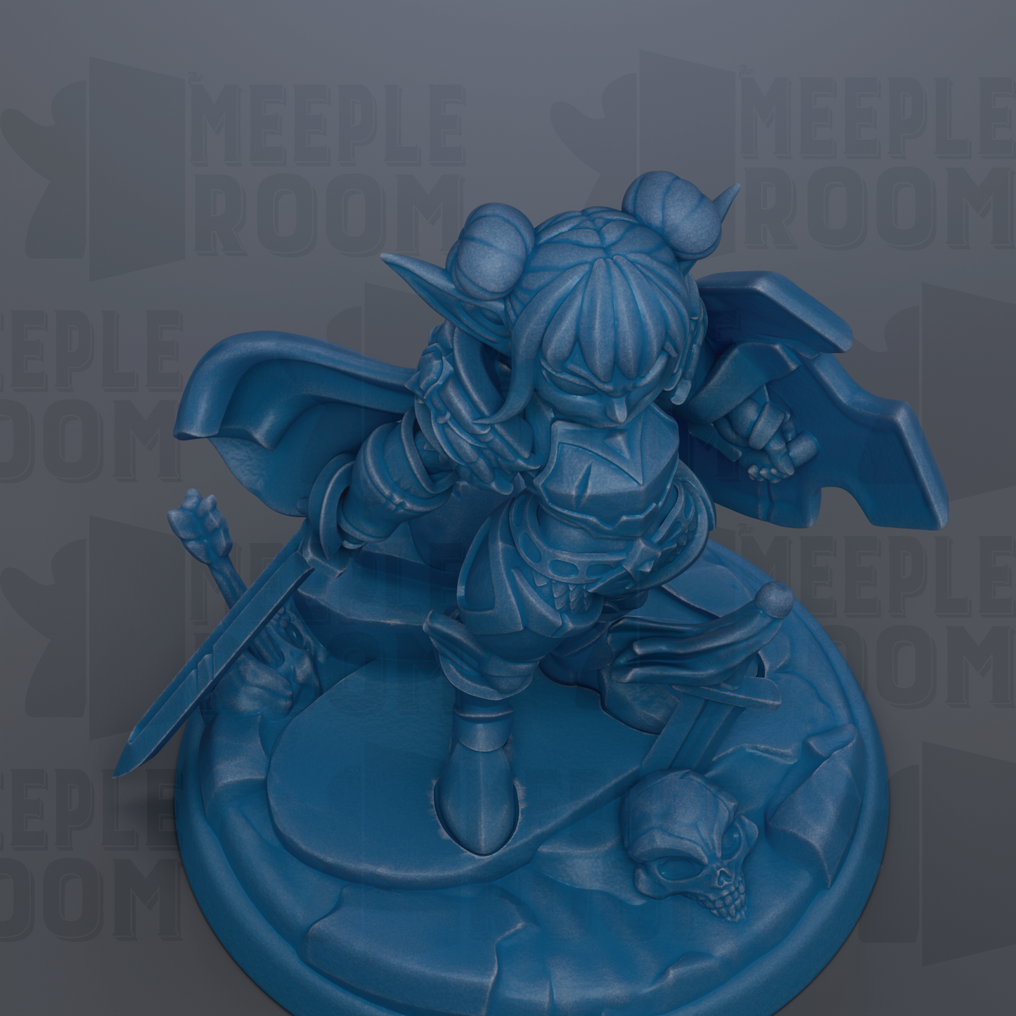 A blue figurine of a character with horns and a sword, standing on a base with a skull and other objects.