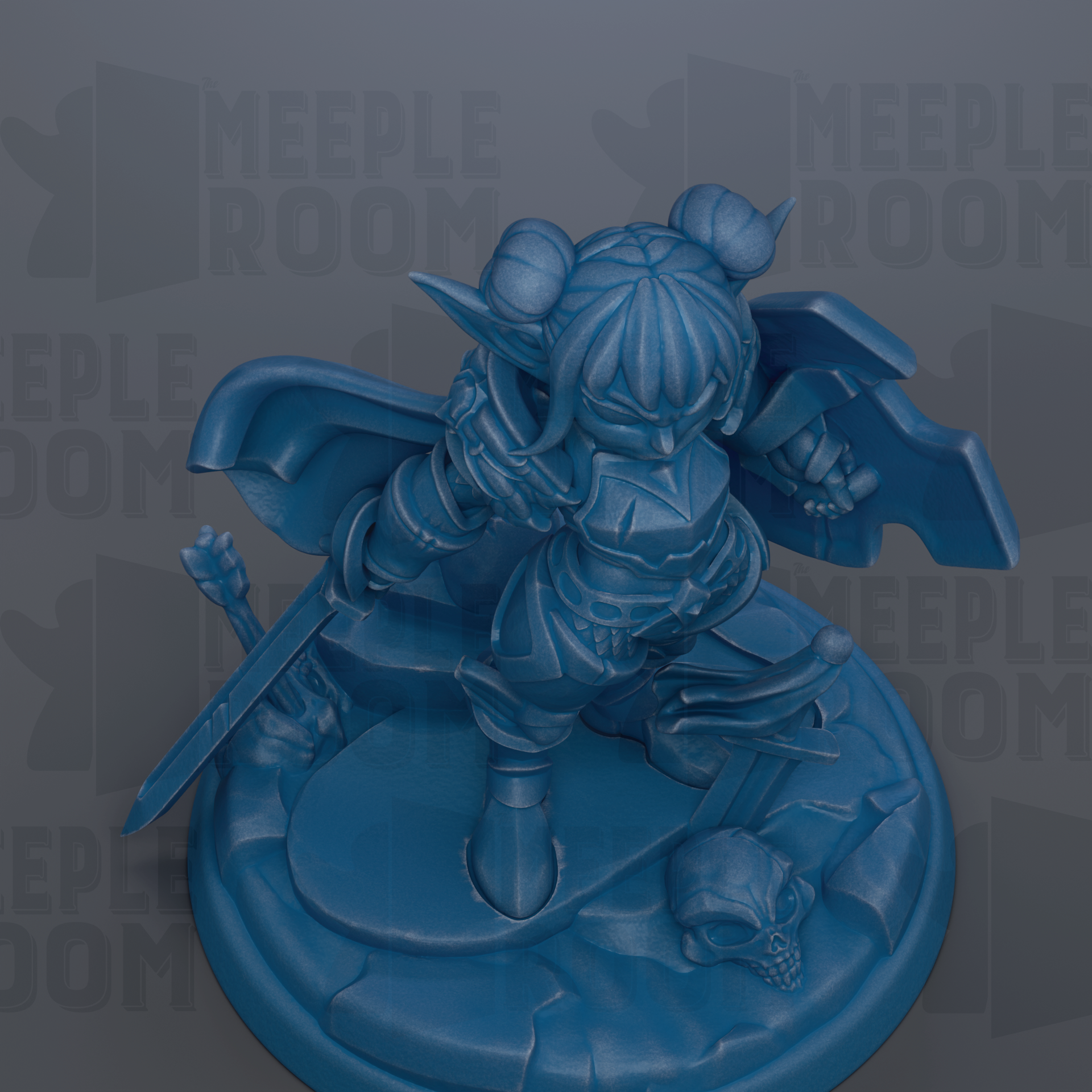 A blue figurine of a character with horns and a sword, standing on a base with a skull and other objects.