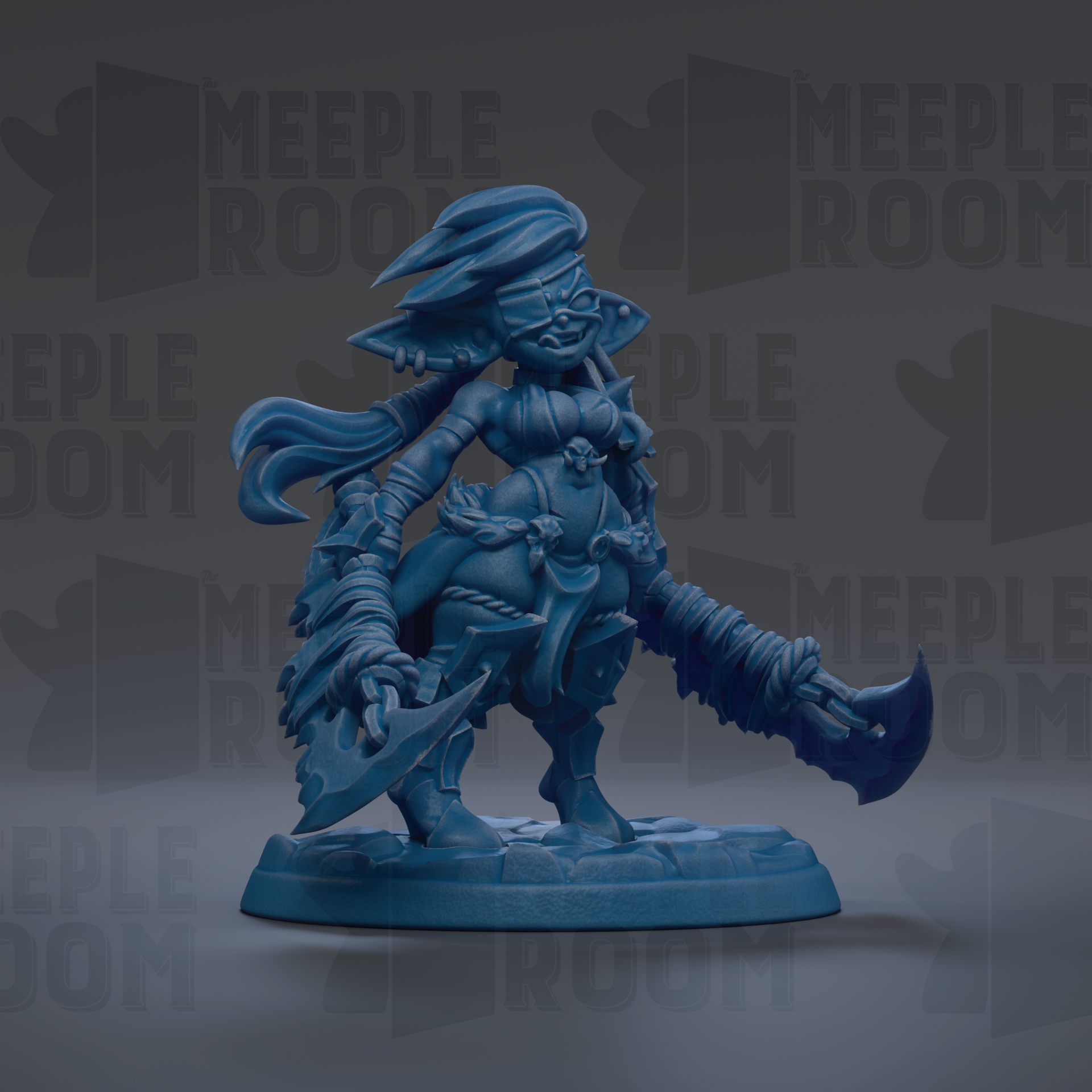 A blue figurine of a fantastical creature with a large head, long hair, and wielding a sword and shield.