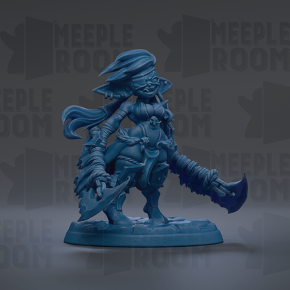 A blue figurine of a fantastical creature with a large head, long hair, and wielding a sword and shield.