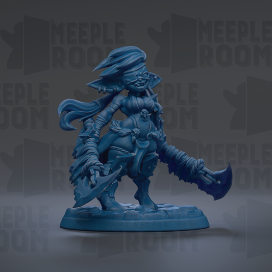 A blue figurine of a fantastical creature with a large head, long hair, and wielding a sword and shield.