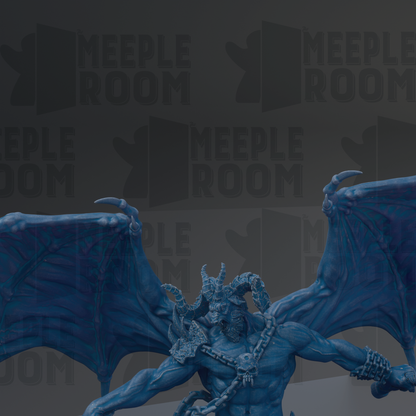 A dark blue, winged, armored figure with horns and chains, set against a dark background with repeated text.