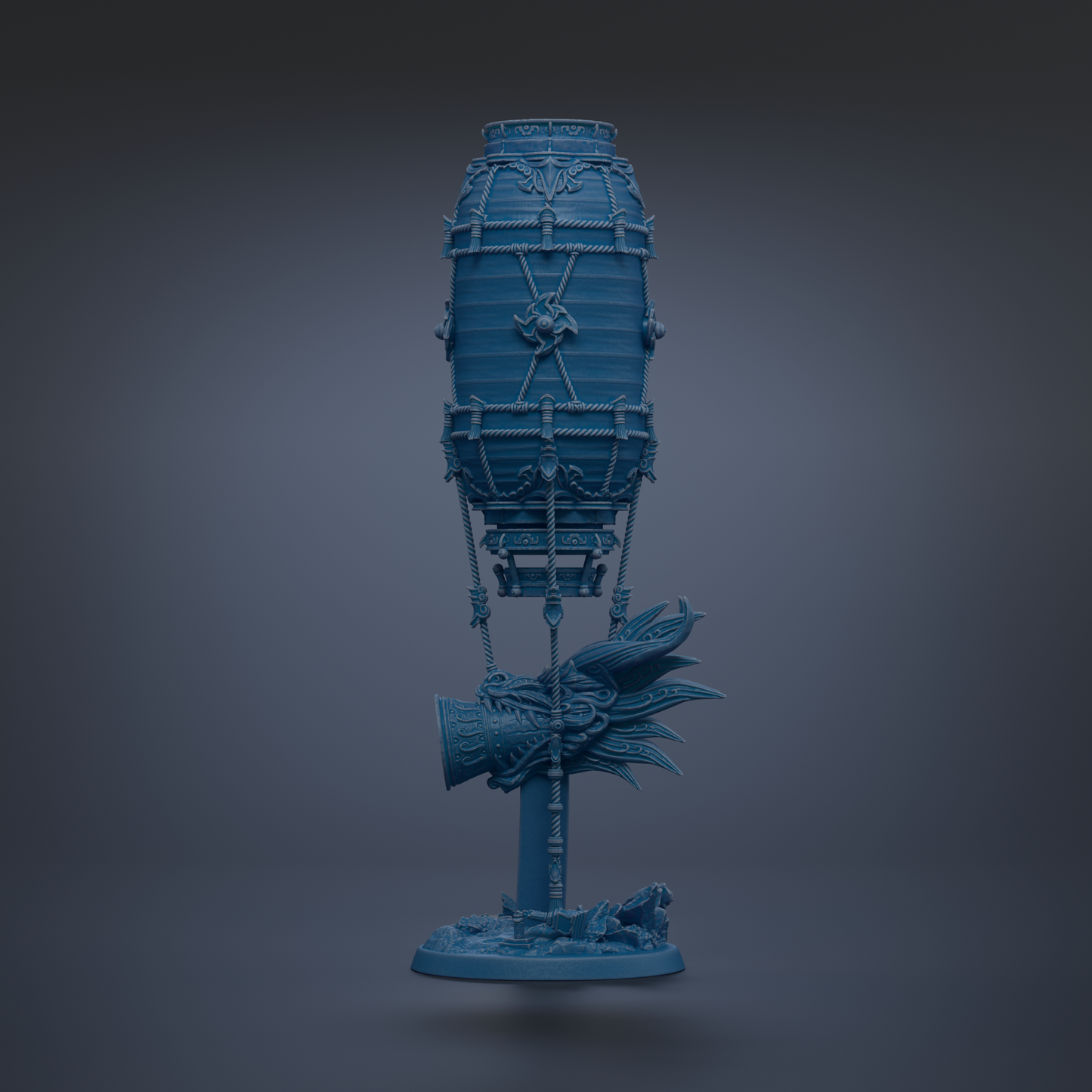 A blue, ornate, and intricately designed object resembling a dragon or mythical creature, possibly a sculpture or figurine, standing on a pedestal.