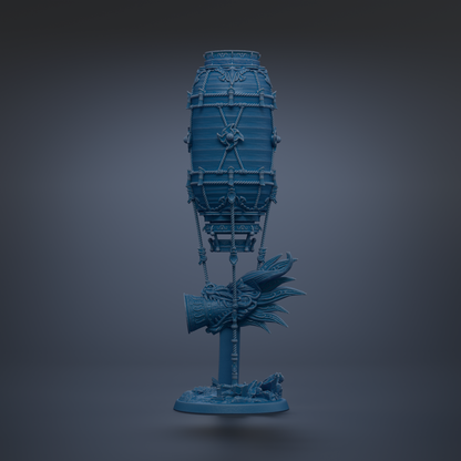 A blue, ornate, and intricately designed object resembling a dragon or mythical creature, possibly a sculpture or figurine, standing on a pedestal.
