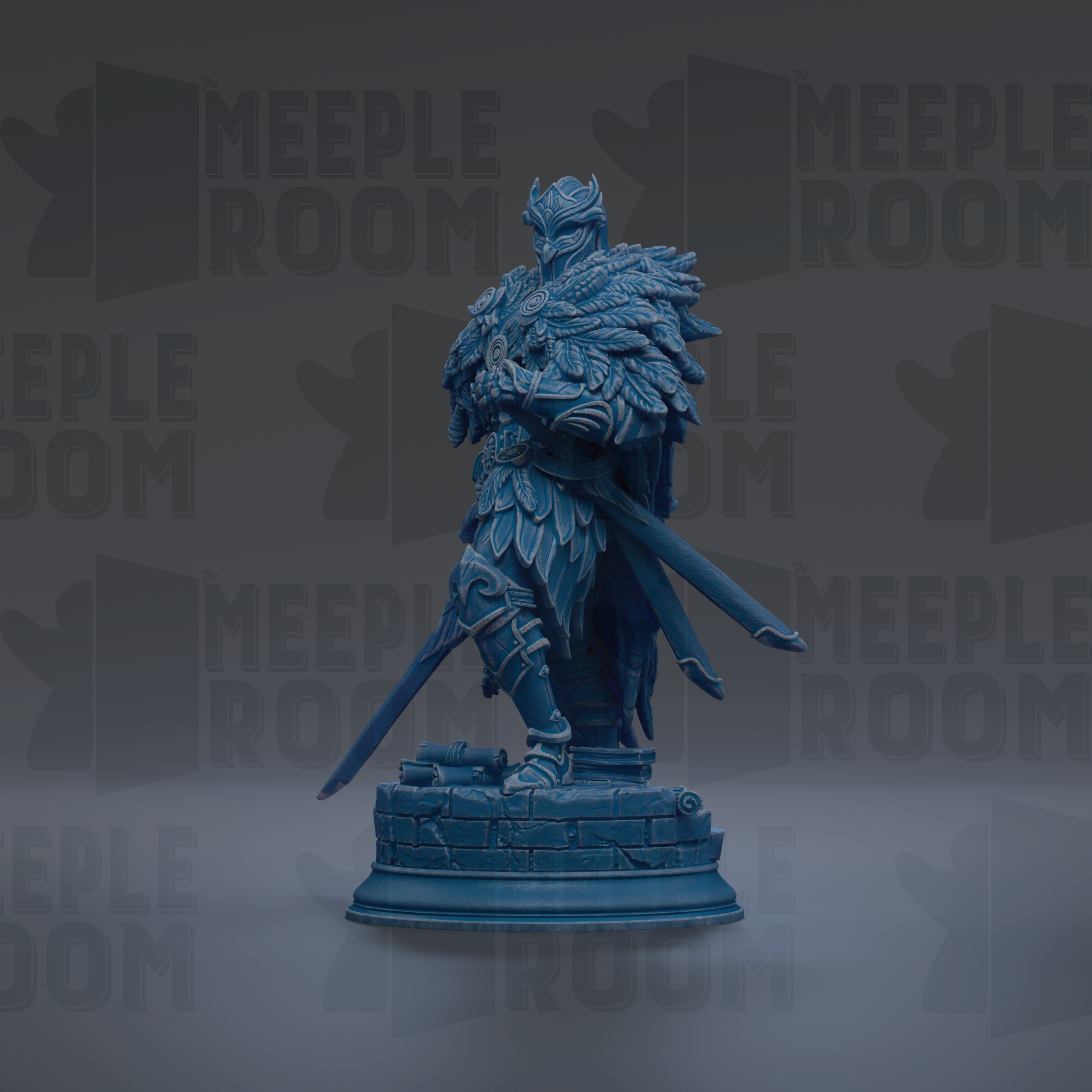 A blue statue of a warrior figure holding a sword and shield, standing on a pedestal.
