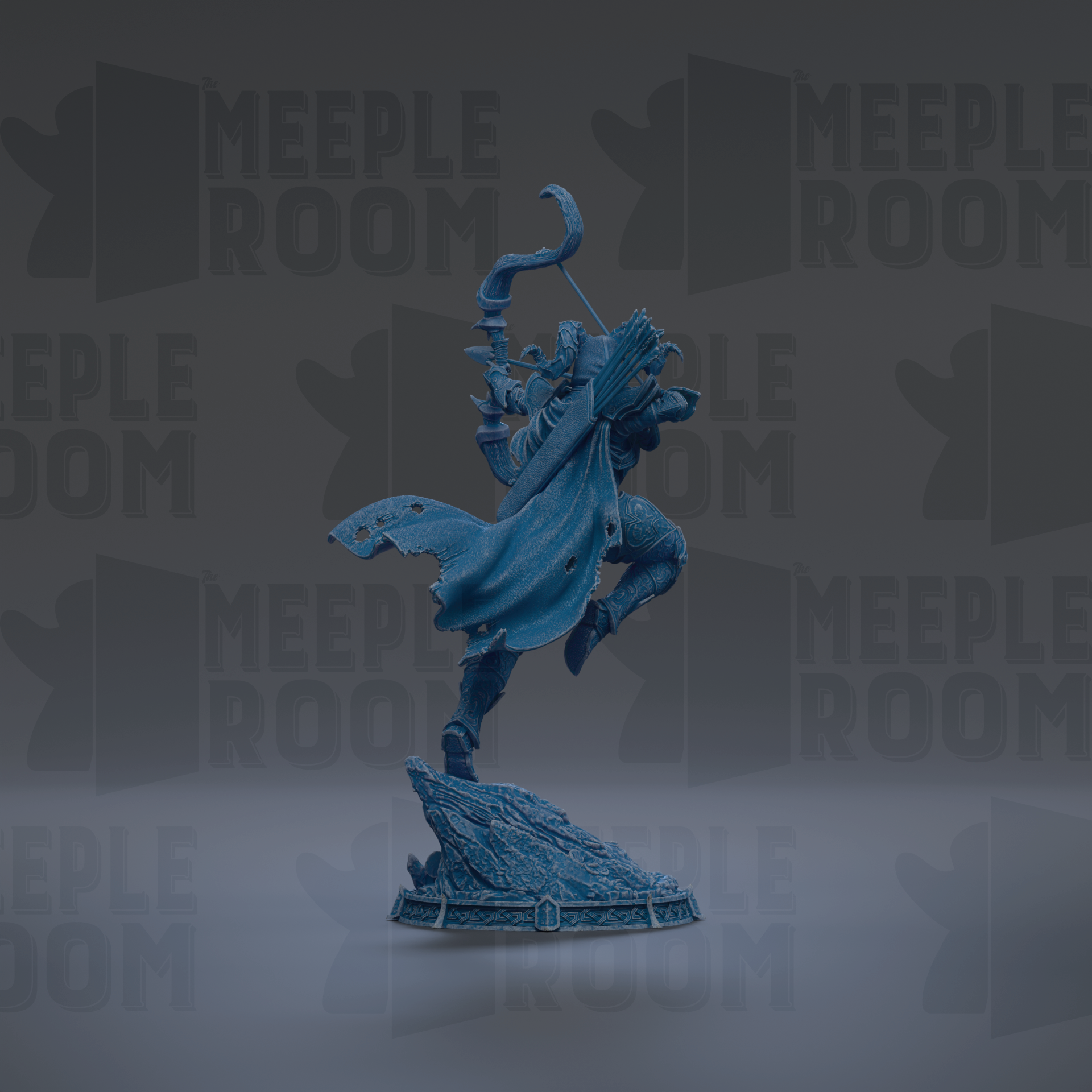 A blue figurine of a person with a sword and shield stands on a rock against a dark background with repeated "MEIPLLE ROOM" text.