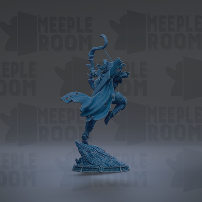 A blue figurine of a person with a sword and shield stands on a rock against a dark background with repeated "MEIPLLE ROOM" text.
