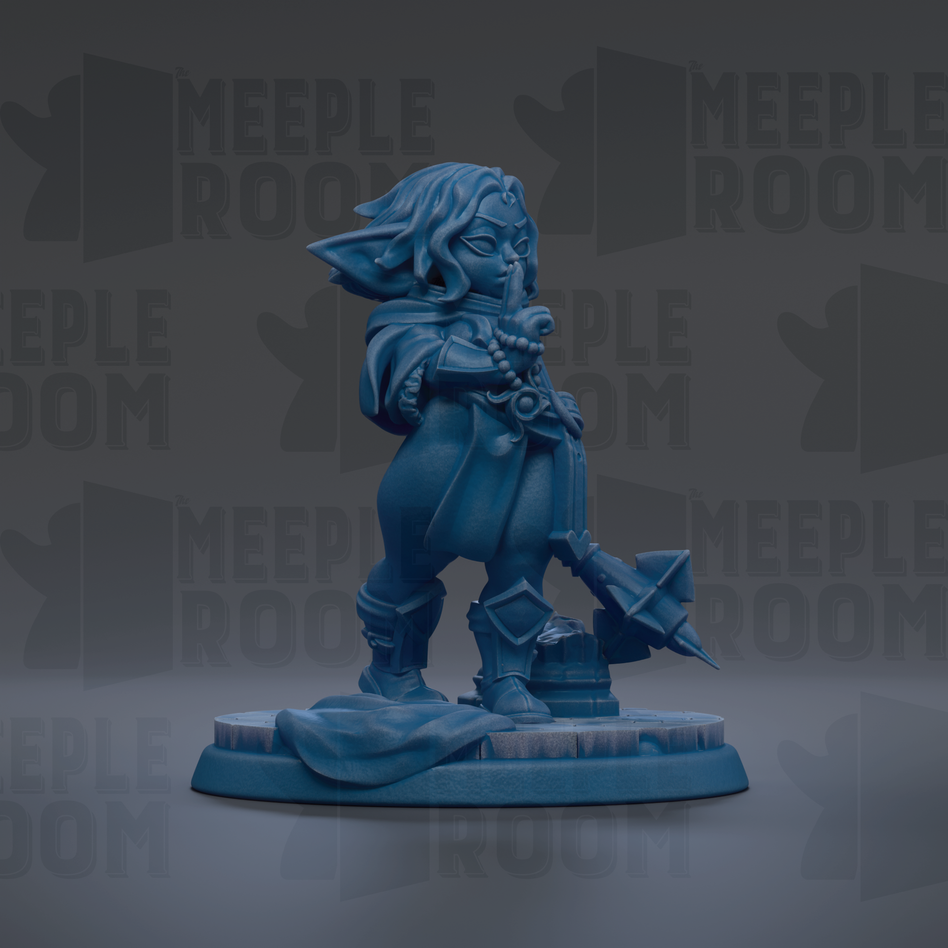 A blue figurine of a person standing on a platform, holding a weapon and wearing a cape.