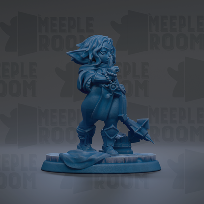A blue figurine of a person standing on a platform, holding a weapon and wearing a cape.
