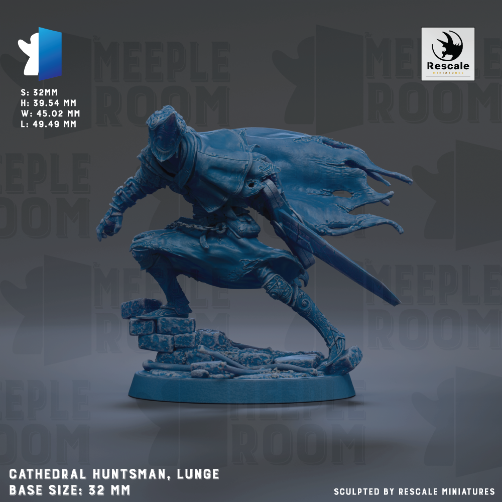 A figurine of a character from the video game "Cathedral Huntsman, lunge" is shown against a dark background. The figurine is described as a "base size: 32mm" and is shown in a dynamic pose, with the character's cape flowing behind him. The image is a collage of various images, and the caption indicates that it is "sculpted by Rescue miniatures".