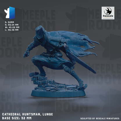 A figurine of a character from the video game "Cathedral Huntsman, lunge" is shown against a dark background. The figurine is described as a "base size: 32mm" and is shown in a dynamic pose, with the character's cape flowing behind him. The image is a collage of various images, and the caption indicates that it is "sculpted by Rescue miniatures".