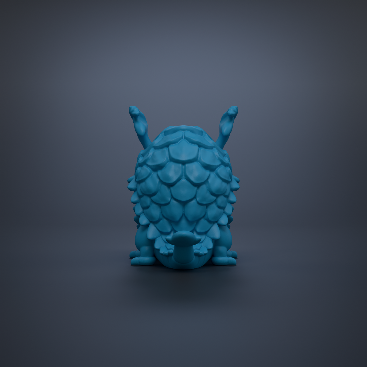 A blue, 3D-rendered armored creature with a textured, scaly appearance is shown against a dark background.