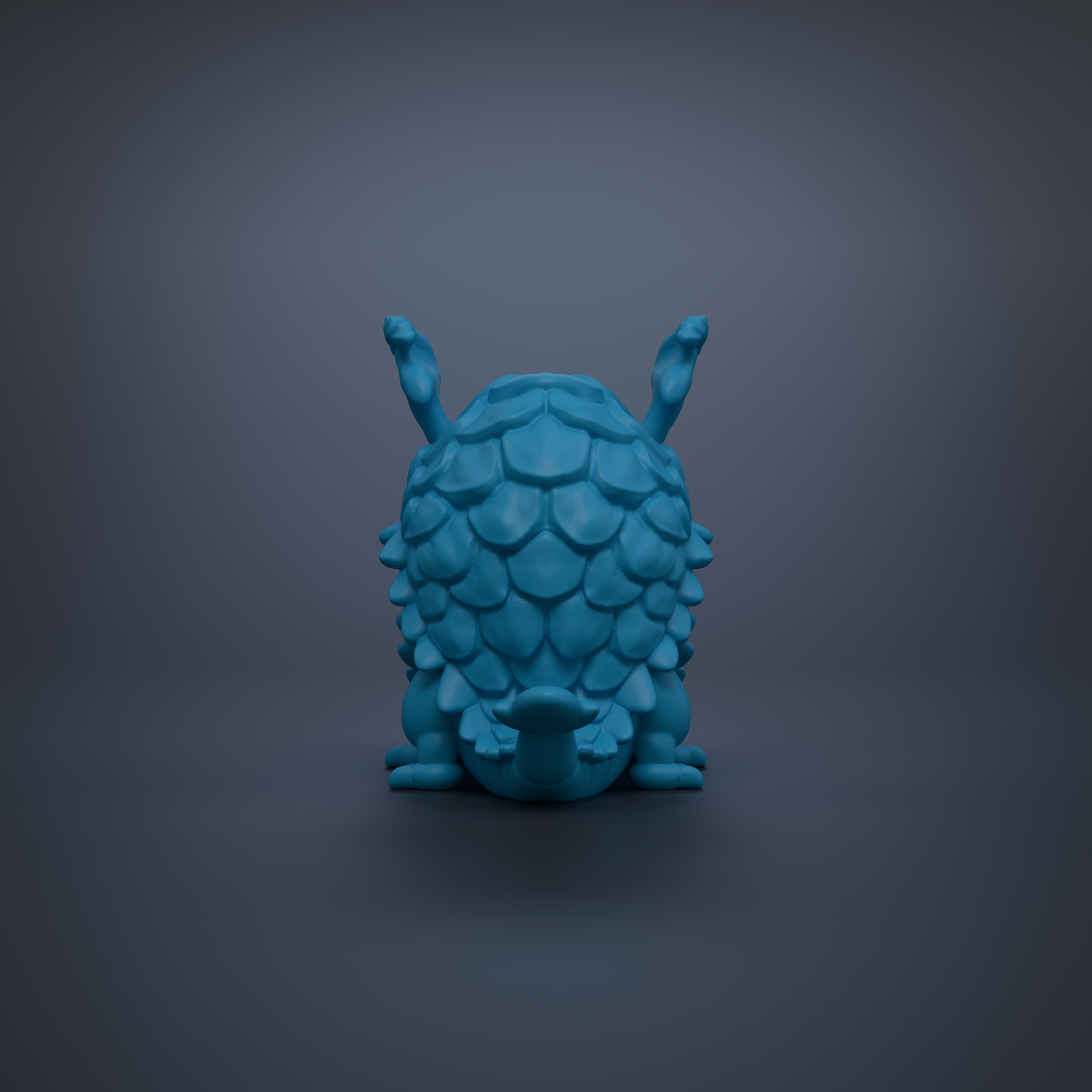 A blue, 3D-rendered armored creature with a textured, scaly appearance is shown against a dark background.