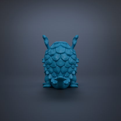 A blue, 3D-rendered armored creature with a textured, scaly appearance is shown against a dark background.