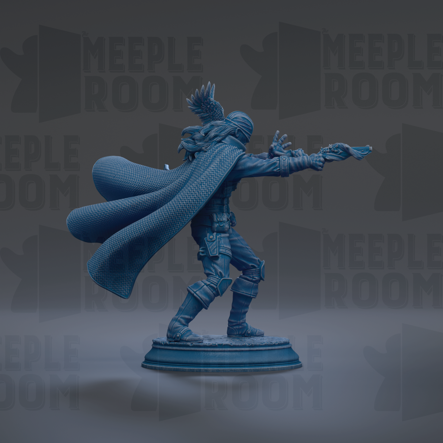 A 3D model of a figure in a cape, holding a weapon, standing on a pedestal against a dark background with repeated text.