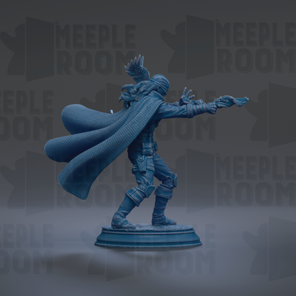A 3D model of a figure in a cape, holding a weapon, standing on a pedestal against a dark background with repeated text.