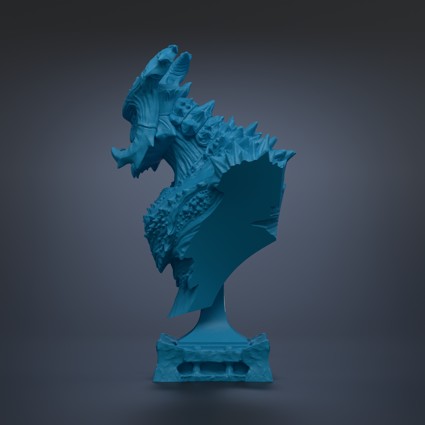 A 3D rendering of a blue, sculpted statue of a fantastical creature, possibly a dragon or serpent, with intricate details and textures.