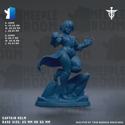 The image is a figurine of a female character, likely a female superhero or villain, standing on a rock formation. The figurine is described as being blue in color and is shown in a dynamic pose, with one leg raised and the other bent at the knee. The figurine is set against a dark background, which emphasizes its details and features. The image is a 3D rendering of the figurine, and it is described as being 25mm or 50mm in size. The figurine is sculpted by Twin Goddess Miniatures.
